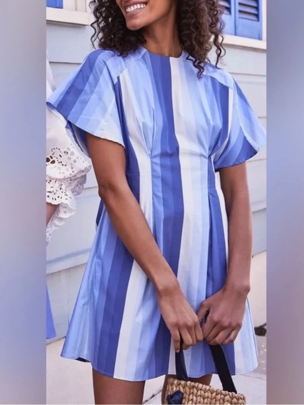 Pearl by Lela Rose Periwinkle Blue Striped Poplin Fit Flare Cotton Dress